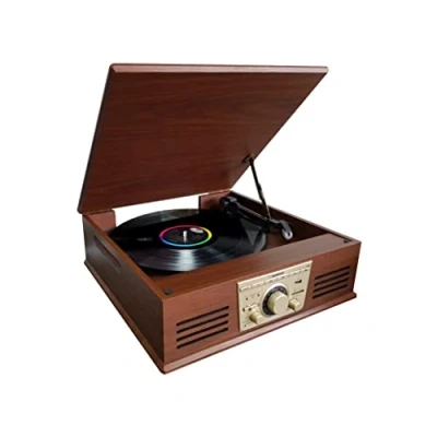 Afbeelding van Sunstech PXR32, vintage platenspeler, vinylspeler en muziekspeler via Bluetooth, USB, SD geheugenkaarten AUX aansluiting, FM radiotuner, 2 luidsprekers, hout.