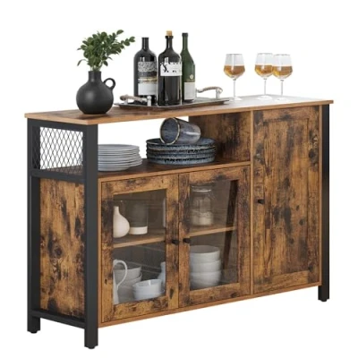 Afbeelding van VASAGLE dressoir, keukenkast, opbergkast, met 3 deuren, voor woonkamer, keuken, eetkamer, 110 x 33 75 cm, industriële stijl, vintage bruinzwart LSC096B01