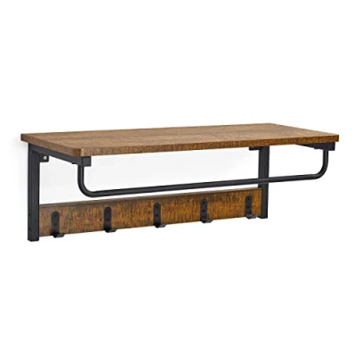 Afbeelding van Meerveil Wandgarderobe wandrek met 5 haken en stang van metaal, industrieel, voor entree, hal, badkamer, woonkamer, 67 x 28 24 cm, rustiek bruin, zwart