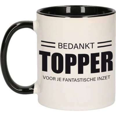 Afbeelding van Collega cadeau mok / beker zwart bedankt topper voor je fantastische inzet afscheid/pensioen kado feest mokken