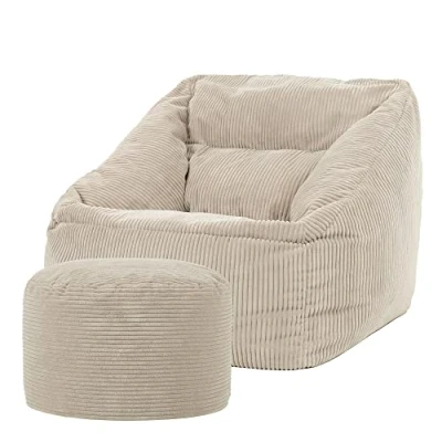 Afbeelding van icon “Morgan Corduroy Zitzak en Hocker, Beige, XXL Zitzakstoel, Zitzakfauteuil Volwassenen met Vulling, Woonkamerzitzakken