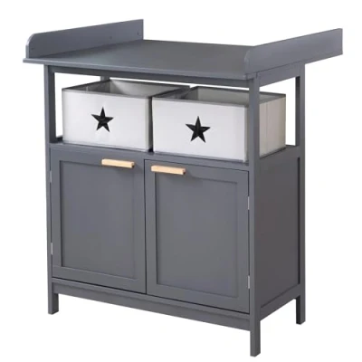Afbeelding van roba Luiercommode Hamburg incl. afneembaar aankleedopzetstuk commode met deuren en stoffen boxen handgrepen van bamboehout antraciet