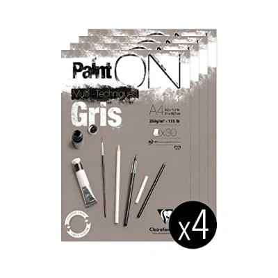 Afbeelding van Clairefontaine 975809C blok met Painton multi tech 30 vellen tekenpapier licht ruwe korrel grijs A4 21 x 29,7 cm 250 g verpakking 4 blokken