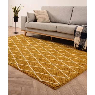 Afbeelding van Wollen Tapijt/Vloerkleed Ruiten Vinduer Okergeel/crème 200x290 Cm 100% Wol