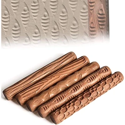 Afbeelding van Liseng 5 stuks pottenbakkersgereedschap hand rollen voor klei stempel patroon roller, handvat aardewerk gereedschap modelleerpatroon roller kit