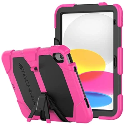 Afbeelding van TECHGEAR G SHOCK ontwerp voor iPad 10 2022 [10e generatie] 10,9 inch stoer robuust zwaar pantser schokbestendig survival beschermhoes met standaard kinderen scholen bouwers werkman hoesje roze