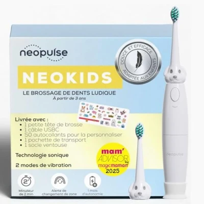 Afbeelding van NEOPULSE® NEOKIDS® Elektrische tandenborstel voor kinderen, sonisch, oplaadbaar, 1 borstel/borstelkop, wit, zeer zacht, vanaf 3 jaar 2 modi timer aanpasbaar met 50 stickers