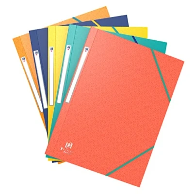 Afbeelding van OXFORD Bicolor Recyc+ 5 kartonnen hoezen, 3 flapjes A4 met elastiek omslag, verschillende kleuren