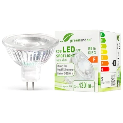 Afbeelding van greenandco® LED spot vervangt 40 Watt MR16 GU5.3 halogeenspot, 5W 430 lumen 3000K warm wit 38 12V AC/DC, niet dimbaar