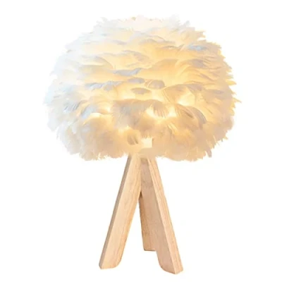 Afbeelding van Tafellamp met witte veren bedlampje houten standaard licht luxe decoratieve lamp nachtlampje lampenkap voor slaapkamer woonkamer