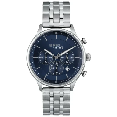 Afbeelding van Breil, Collectie Classy, herenhorloge, chronograaf van staal, uurwerk PE902 Sunon, vouwsluiting met knopen, behuizing 42 mm, waterbestendig, lengte verstelbaar 15,5 21 cm, zilverblauw, Blauw, Armband