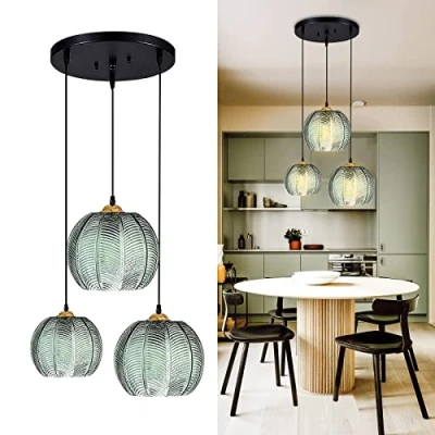 Afbeelding van glazen hanglamp moderne 3 licht hangende lichtarmatuur met groene lampkappen plafondlamp kroonluchter voor keukeneiland, eetkamer, schuur, bar, gang