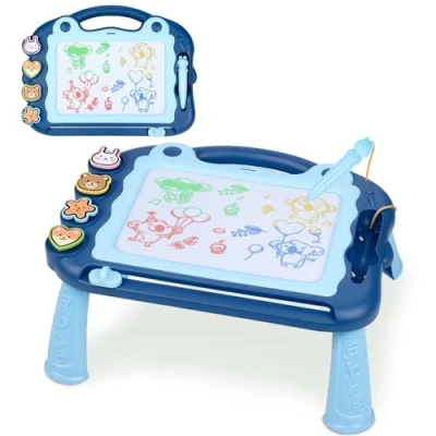 Afbeelding van Sarsumir Magnetisch schoolbord voor kinderen, magisch whiteboard, kleurrijk, tablet, magnetische tekening, schrijfkleur, uitwisbaar, met 1 pen en 4 stempels, educatief speelgoed blauw