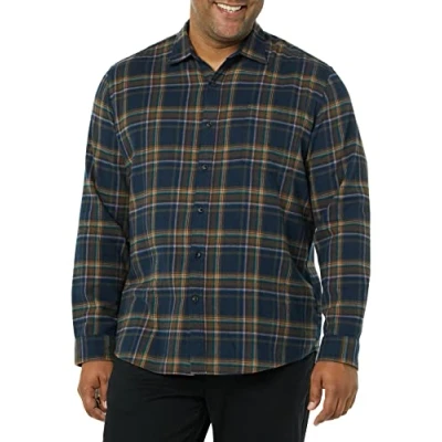 Afbeelding van Amazon Essentials Men&#039;s Flanellen overhemd met lange mouwen (verkrijgbaar in grote en maten), Bruin Donker marineblauw Plaid, M
