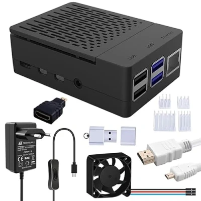 Afbeelding van GeeekPi Raspberry Pi 4 behuizing met PWM ventilator, 5V 3,6A USB C voeding, koellichaam, micro HDMI kabel, naar adapterkabel, kaartlezer voor Model B