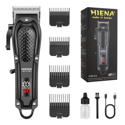 Afbeelding van HIENA PRO Professionele tondeuse voor mannen, snoerloze en kappersscharen het knippen van haar, oplaadbare baardtrimmer, LED display, geschenken mannen (zwart)