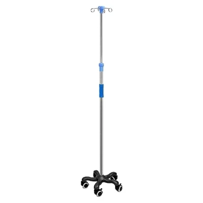 Afbeelding van QWORK® Infuuszakstandaard met wielen, 4 haken, voor ziekenhuis en thuis, roestvrij staal, in hoogte verstelbaar