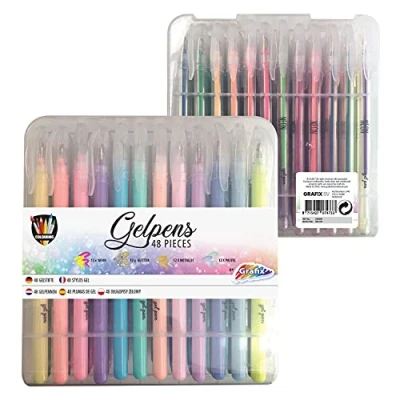 Afbeelding van 48x stuks glitter en neon gekleurde Gelpennen in meeneem case