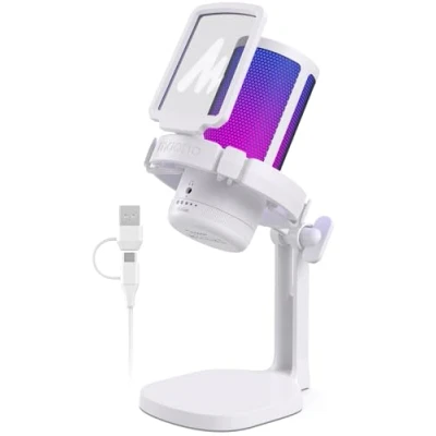 Afbeelding van MAONO Gaming microfoon voor pc, ruisonderdrukkende USB gaming, streaming, podcast, PS5/PS4/Mac met besturbaar RGB licht, One Touch mute schakelaar, gain regelaar, DGM20 wit