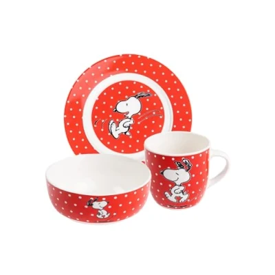 Afbeelding van United Labels The Peanuts 3 delige ontbijtset Snoopy, rood met stippen, servies van porselein borden Ø 19 cm, mok 220 ml en kom 330