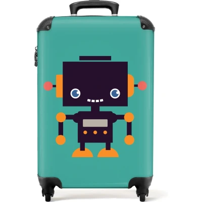 Afbeelding van NoBoringSuitcases.com Groene kinderkoffer robot Past binnen 55x40x20 cm en 55x35x25 Handbagage koffertje kind Trolley op wieltjes Reiskoffer met wielen Rolkoffer weekendtas Kindervalies Kindertrolley jongen Kleine koffer kinderen