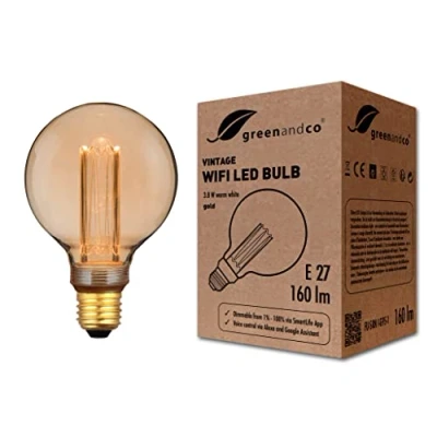 Afbeelding van greenandco® WiFi smart LED lamp met app (geen hub nodig) Vintage Design E27 G95, 3,8W 160lm 1800K 320 230V, geen flikkering, dimbaar, compatibel Alexa en Google Assistant