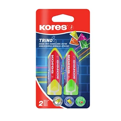 Afbeelding van Kores Trino: Gekleurde driehoekige PVC gum met papieren strik voor kinderen, studenten en volwassenen, niet giftig kindvriendelijk, school kantoor, 60 x 20 18 mm, 2 stuks verpakking