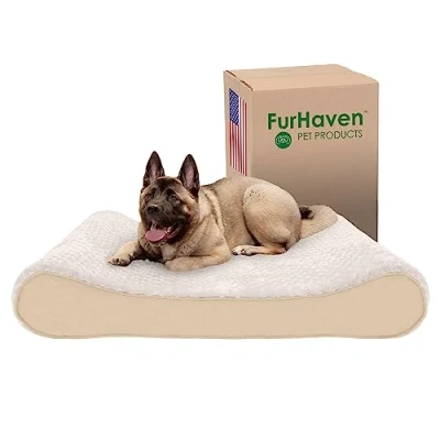 Afbeelding van FurHaven Memory Foam Hondenbed voor grote honden met afneembare wasbare hoes, tot 150 lbs Ultra Pluche Faux Fur &amp; Suede Luxe Lounger Contour Matras Crème, Jumbo Plus/XXL