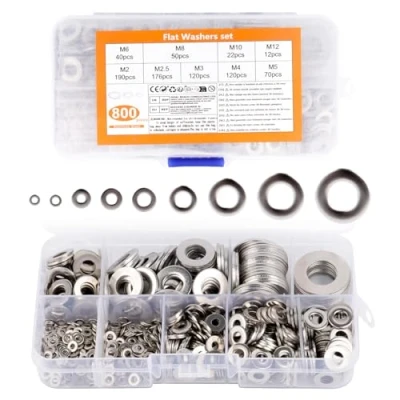 Afbeelding van set van 800 stuks sluitringen, roestvrij staal, platte metalen schijven, assortiment, borgringen, M2, M2,5, M3, M4, M5, M6, M8, M10, M12, sluitringen voor schroeven (9 maten)