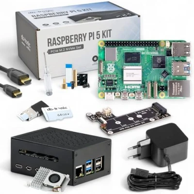 Afbeelding van Raspberry Pi 5 16 GB RAM PCIe M.2 NVMe Set metalen behuizing Active Cooler SSD Board officiële USB C 27W voeding 64GB Edition 4K Micro HDMI