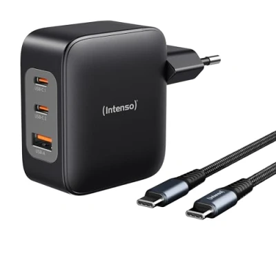 Afbeelding van Intenso W100ACC + C520C, set power adapter oplaadkabel, 100 W, snel opladen, GaN, 3 apparaten tegelijkertijd voor laptop, MacBook, iPhone, Samsung en meer, zwart