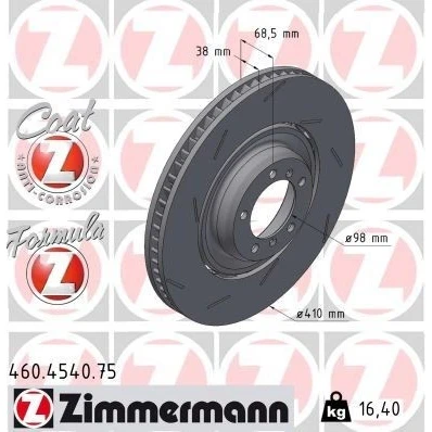 Afbeelding van ZIMMERMANN remschijf 410mm 38mm 7/5 5 gat 130mm Geventileerd, Gekerft, tweedelige Gecoat Gelegeerd/Gecarboniseerd 460.4540.75 971615301D