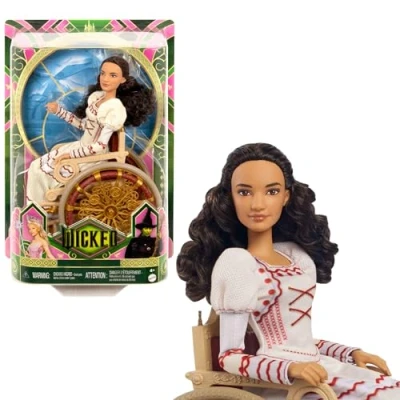 Afbeelding van Mattel Wicked Nessarose Modepop, accessoires waaronder rolstoel, pop met bruin krullend haar, beweegbaar, en ballroomlook die ook uit kan, HXY36