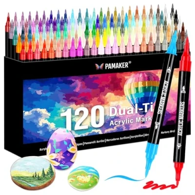 Afbeelding van 120 kleuren acrylstiften set acrylmarker met fijne punt en penseel voor stof, canvas, glas, hout papier ideaal kinderen volwassenen, tekenen doe het zelf knutselprojecten