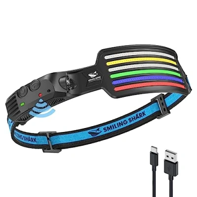 Afbeelding van Smiling Shark hoofdlamp, 230 graden groothoek, 6 x witte lichtstrips, rood, blauw, groen, oplaadbaar, waterdicht, camping, fietsen, led kop