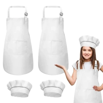 Afbeelding van DECARETA Kinderschort en chef koksmuts set, 2 kinderkoks schort met zakken witte kinderen kokshoed, polyester verstelbare kinderkokschort, hoed koken, bakken schilderij kleding voor jongens