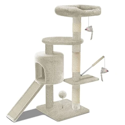 Afbeelding van VOUNOT krabpaal met L, klimboom voor katten, activiteitencentrum grot en platforms hoogte 112 cm, beige