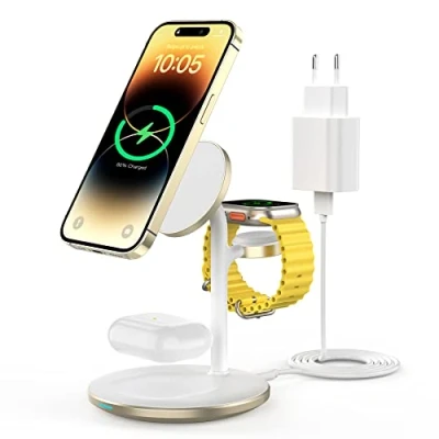 Afbeelding van 3 in 1 inductief laadstation voor meerdere apparaten, 15 W draadloos laadstation, draadloze oplader, compatibel met Mag Safe oplader iPhone 15, 14, 13, 12 Pro Max/Plus/Pro, iWatch Ultra/8/7/SE/6,