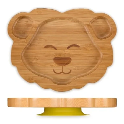 Afbeelding van Relaxdays kinderbord met zuignap leeuw 3 vakjes vakjesbord babybord bamboe bord