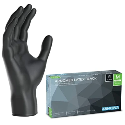 Afbeelding van ARNOMED Latex wegwerphandschoenen M, zwart, poedervrij, 100 stuks, handschoenen voor eenmalig gebruik, verkrijgbaar in maat XS, S, L &amp; XL
