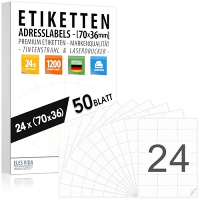 Afbeelding van adresetiketten 70 x 36 (24 per A4 vellen) bedrukbaar met stickers voor inkjetprinters en laserprinters, printeretiketten