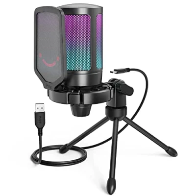 Afbeelding van FIFINE USB gaming microfoon, RGB condensatormicrofoons PC PS4 PS5, C microfoon met mute knop, statief, popfilter, shockmount voor streaming podcast A6V