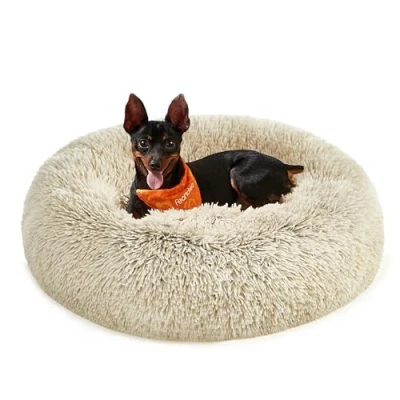 Afbeelding van Feandrea donzig hondenbed, kattenmand, donutkussen, wasbaar, uitneembare middenvulling, lang pluche, 60 cm diameter, ombré kaki PGW038S01