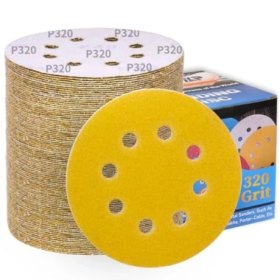Afbeelding van ALPXUXP schuurschijven 125 mm 100stuks korrel 320 klittenband schuurpapier rond 8 gaten goudgeel schuurpads voor excentrische schuurmachine professioneel polijsten van metaal hout en andere materialen