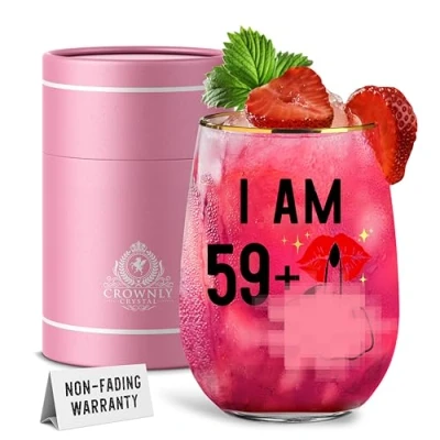 Afbeelding van CROWNLY CRYSTAL® 60e verjaardagscadeaus voor vrouwen Stemless wijnglazen verjaardag decoraties gepersonaliseerde geschenken oma cadeau ideeën