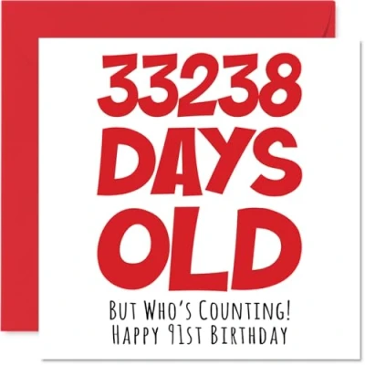 Afbeelding van 91e verjaardagskaart voor mannen vrouwen hem haar 33238 dagen oud grappige volwassen eenennegentigste gelukkige oma Nan opa Gran mama papa, 145mm x humor grap wenskaarten