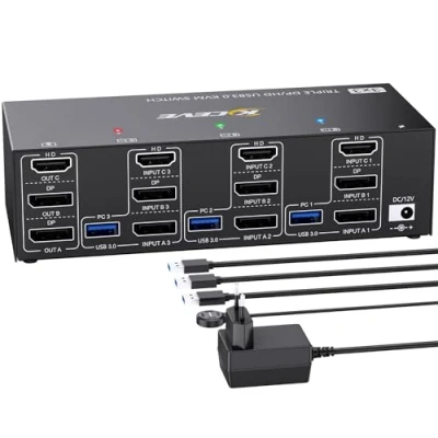Afbeelding van KVM switch 3 PC monitoren 8K @60Hz 4K @144Hz, Triple Monitor HDMI + 2 Displayport voor pc&#039;s, en 4 USB 3.0 apparaten, met 12 V DC voeding, bekabelde afstandsbediening