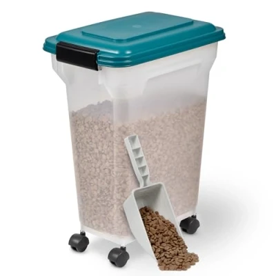 Afbeelding van Iris Ohyama, Doos, Plastic voedselcontainer met schep en wielen, L36,5 x D25 H44 cm, Luchtdicht, BPA vrij, Voor honden katten, ATS M, Eendblauw