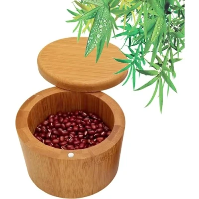 Afbeelding van kruidenpotje, zoutpot van bamboe, kruidenopbergdoos, hout, natuurlijke opbergdoos met magnetisch zwenkdeksel voor het opbergen keukenkruiden (9 x 7 cm)