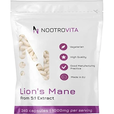 Afbeelding van Lions Mane 240 capsules 4 maanden! Dubbel extract 1000 mg (gelijk aan 5.000 leeuwenmanenpaddestoel) Medicinale paddenstoel Hericium Erinaceus Nootrovita